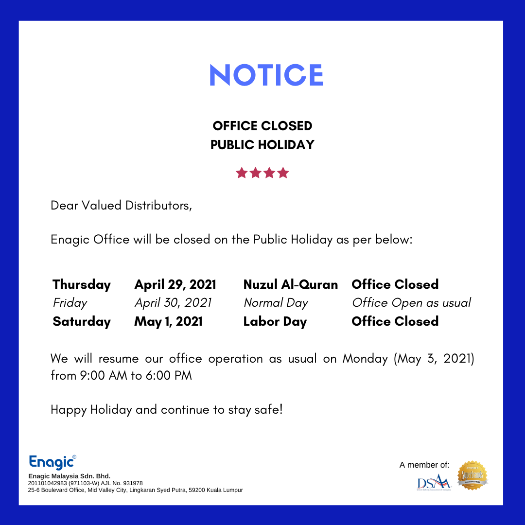 NOTICE | Office Closed (Public Holiday) - Enagic (Malaysia) Sdn Bhd